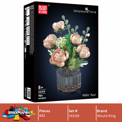 Mould King 24109 White Rose Flower Bouquet Building Toy Set | 981 PCS