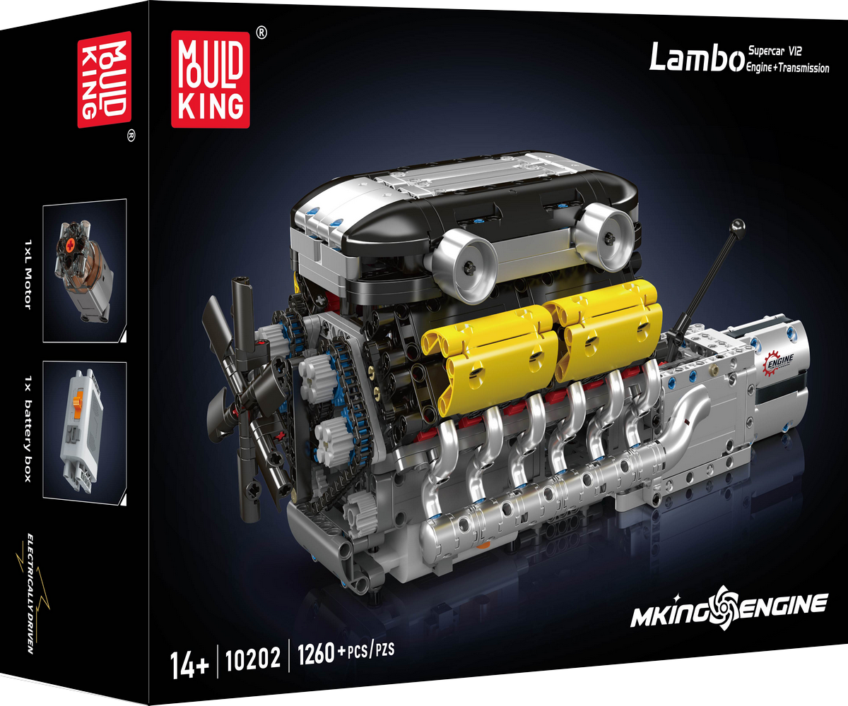 Mould King 10202 Motorized Lamborghini V12 engine & gearbox Building Toy Set | 1260 PCS