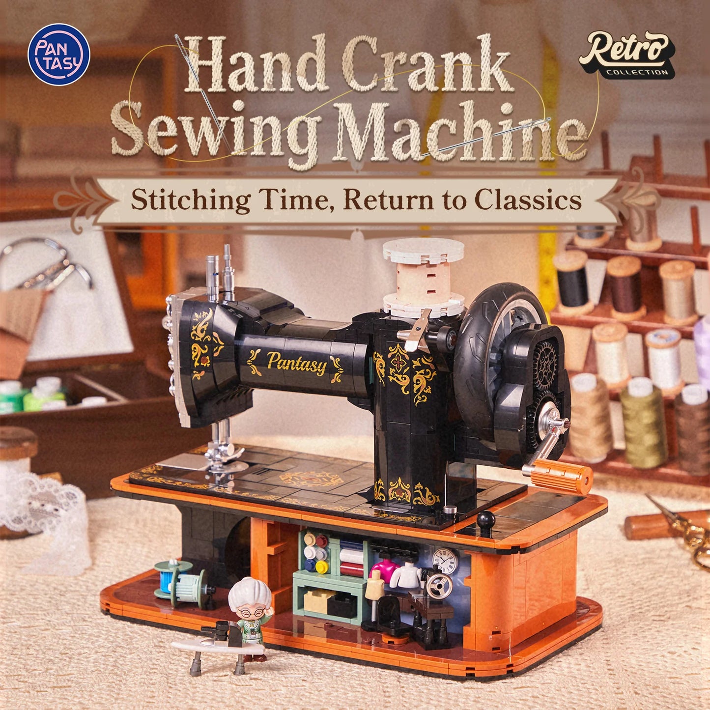 Pantasy 85028 Retro Collection Hand Crank Sewing Building Toy Set | 1360 PCS