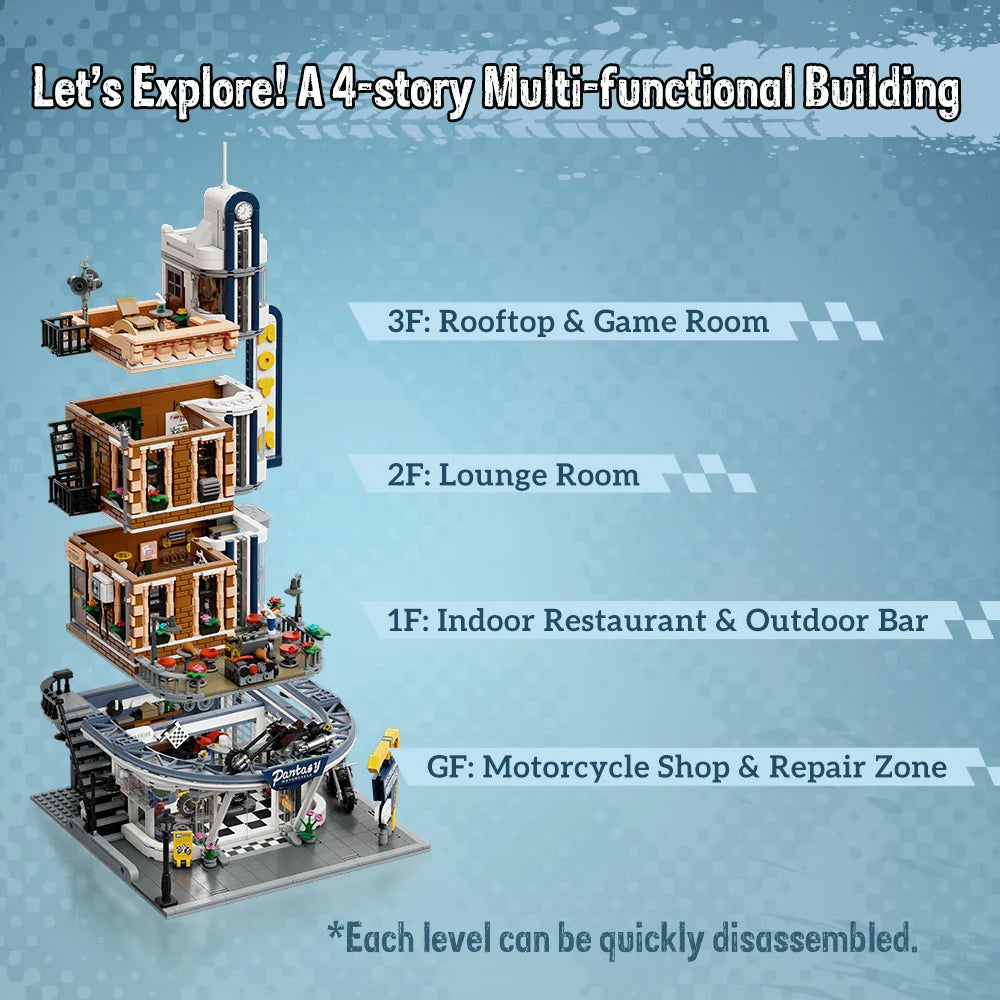 Pantasy 85024 Modular Building Motorcycle Restaurant Building Toy Set | 3034 PCS
