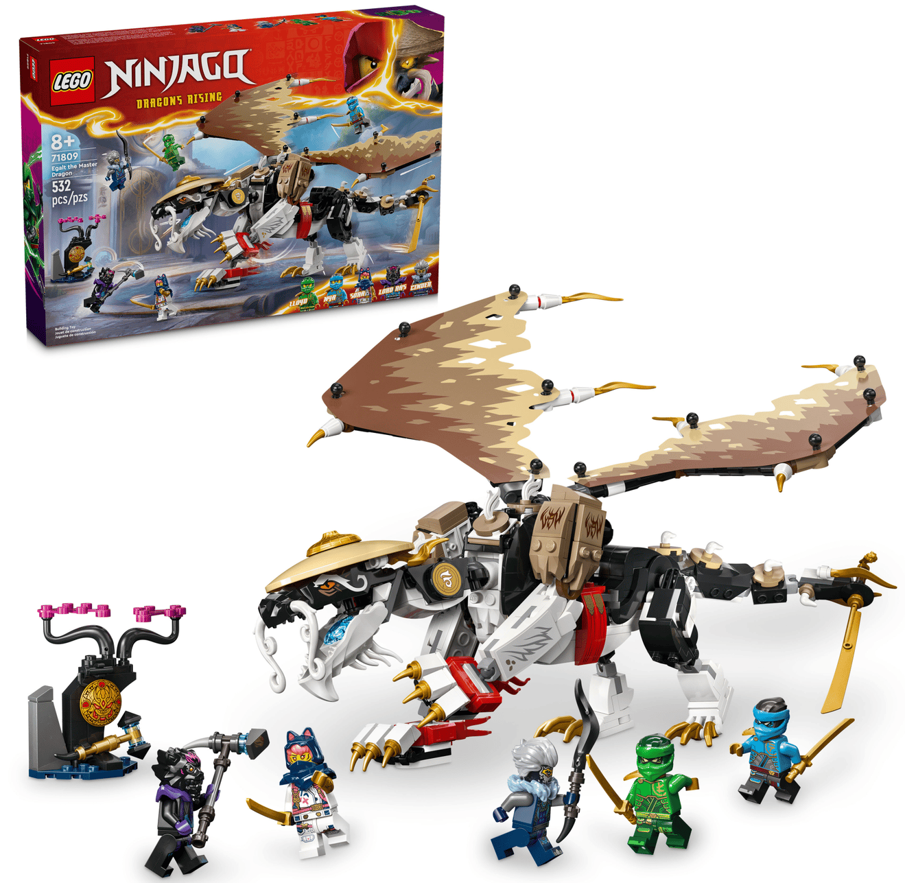LEGO Ninjago set with dragon and figures in front of its packaging