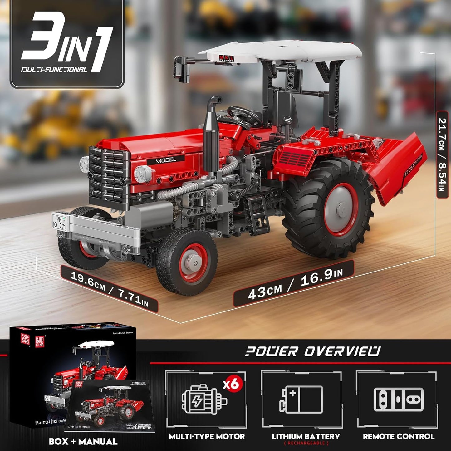 Mould King 17064 Remote Controlled Agricultural Tractor Building Toy Set | 1857 PCS